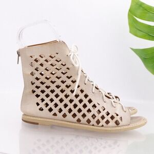 ALL BLACK Womens Sandals Shoe Size 37 6.5 Beige Suede Gladiator Lace Up Zip Flat